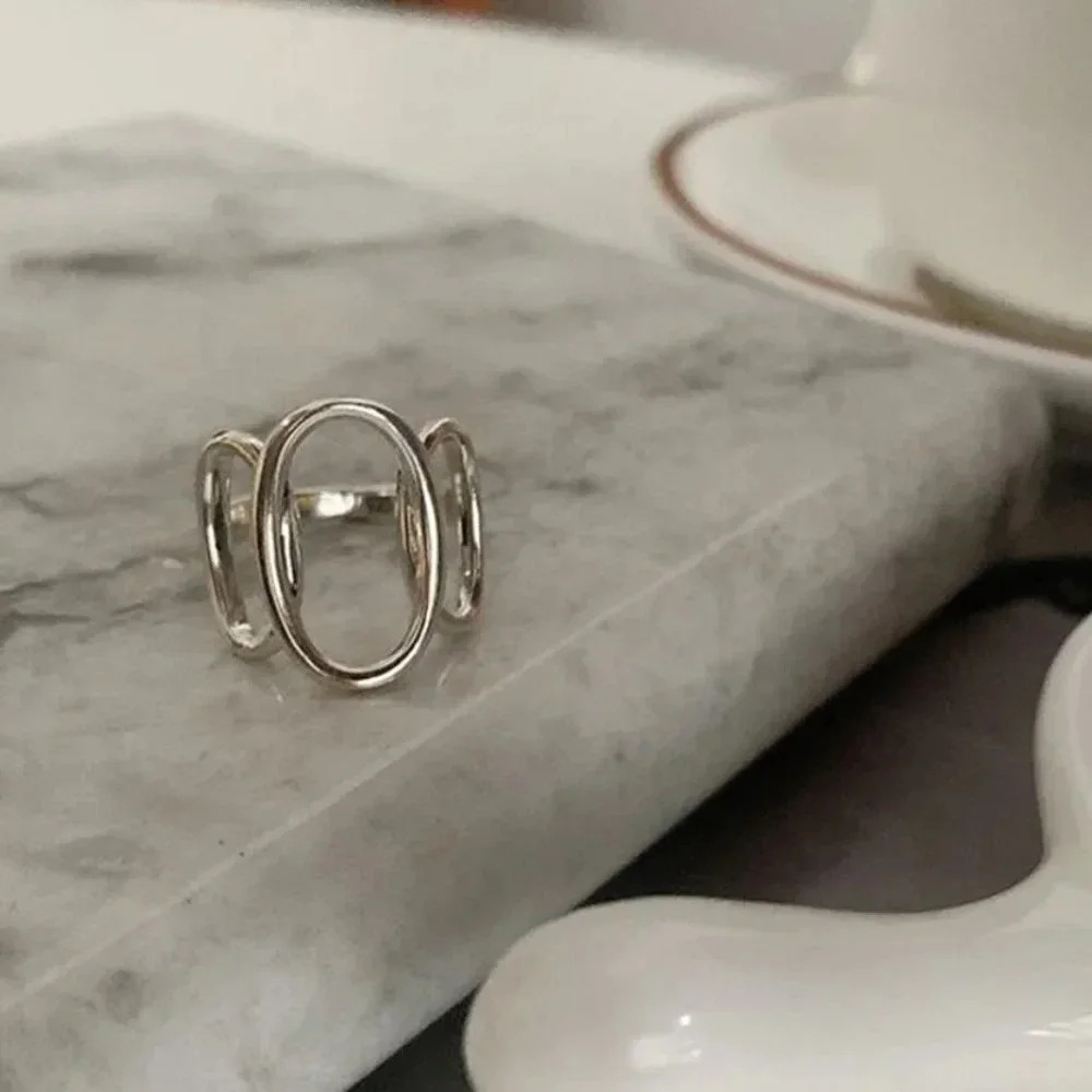 925 Sterling Silver Oval Link Ring Minimalist Silver Geometric Statement Ring - Picture 2 of 8